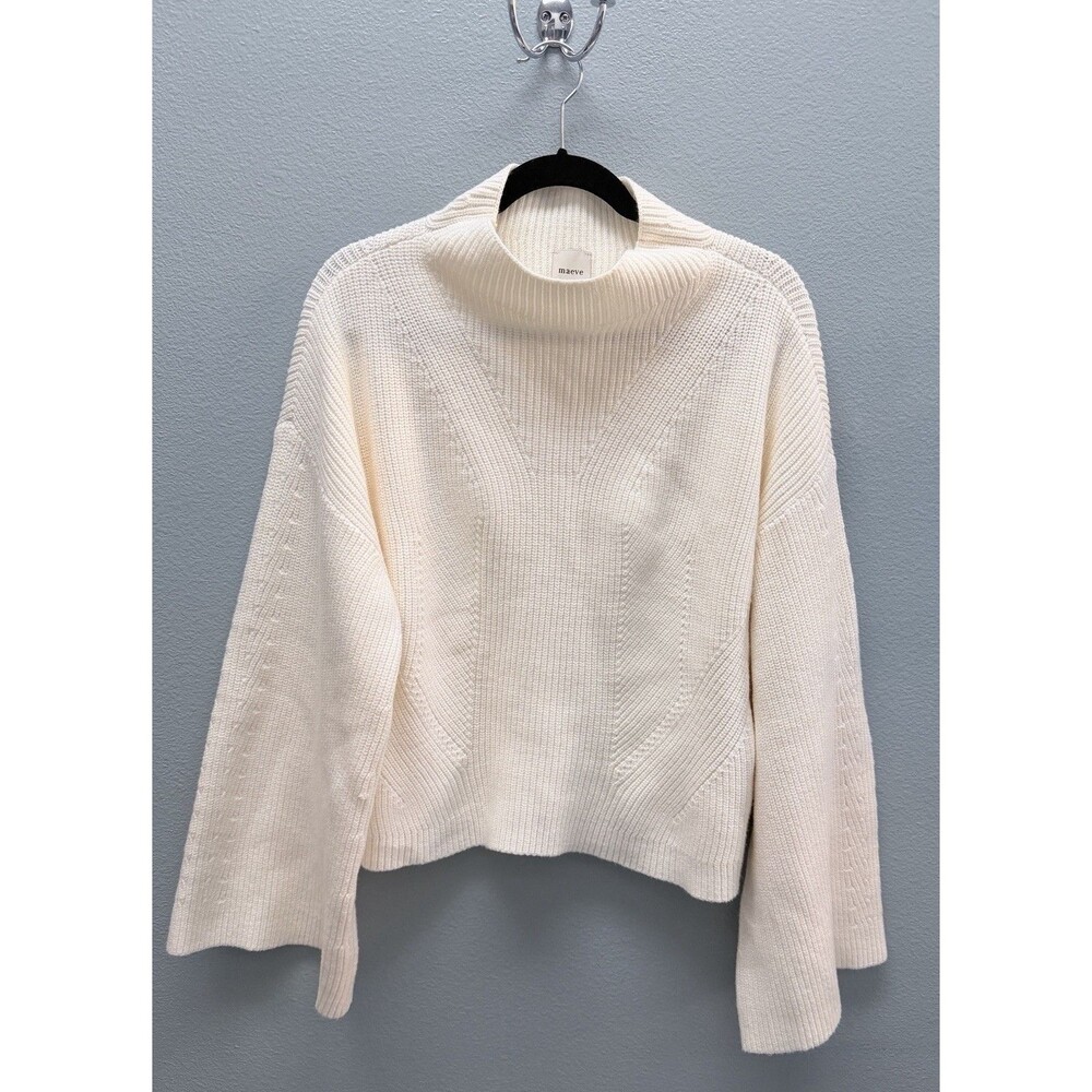 Anthropologie Maeve The Katy Mock Neck Bell Sleeve Sweater White Ribbed Knit XL